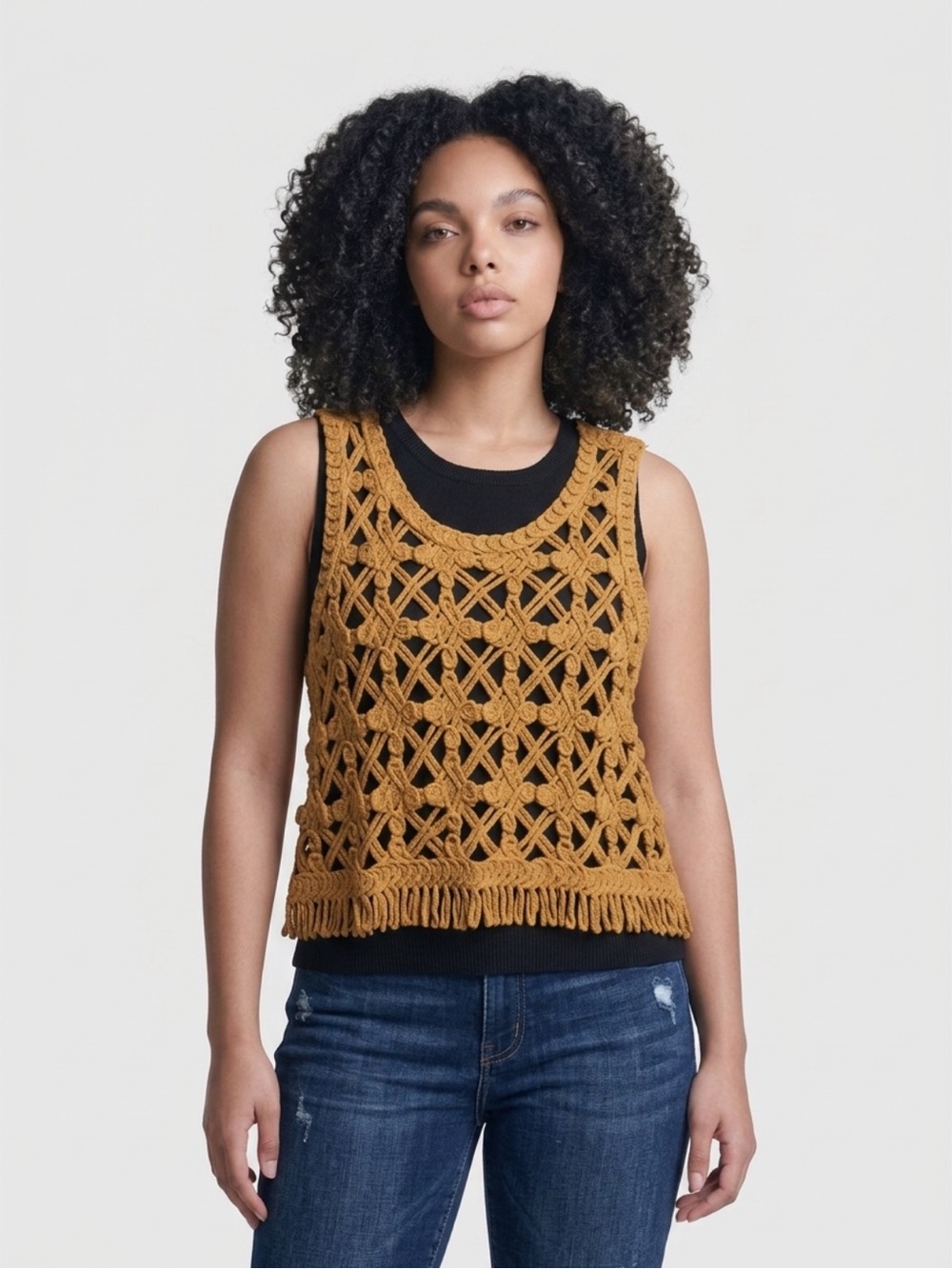 DKNY Mustard Crochet Fringe Tank